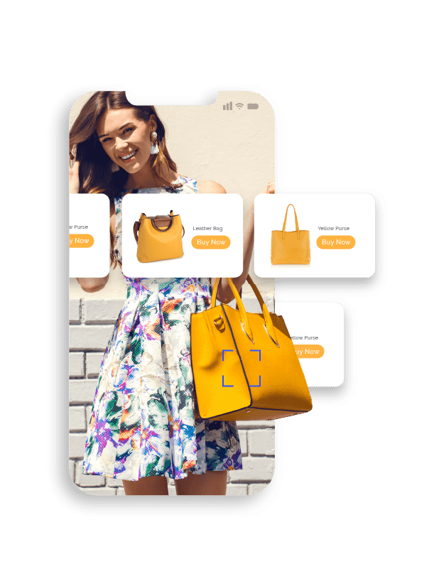 Mobile phone screen displaying a young woman holding a yellow handbag and a row of ads showing similar yellow handbags